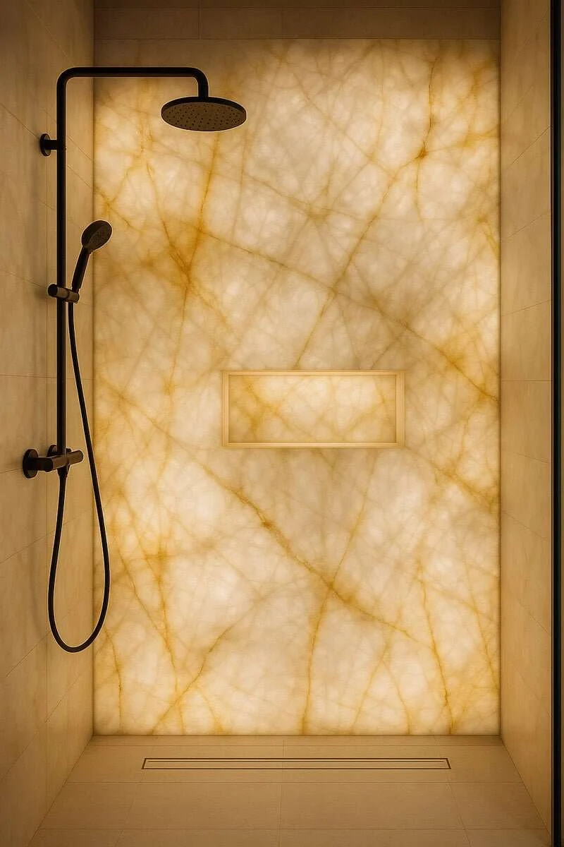 Backlit natural stone shower wall