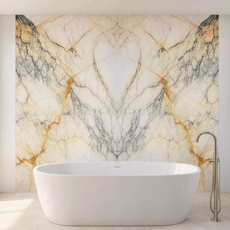 Bookmatched natural stone bathtub surround