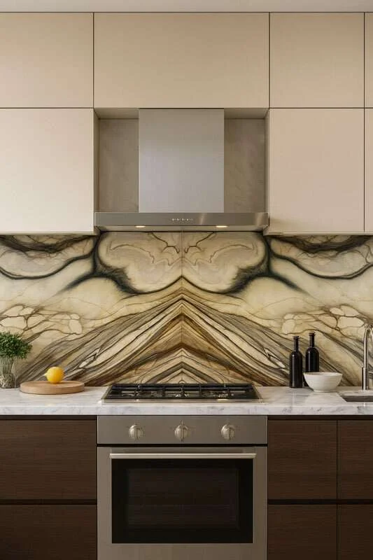 Bookmatched natural stone backsplash