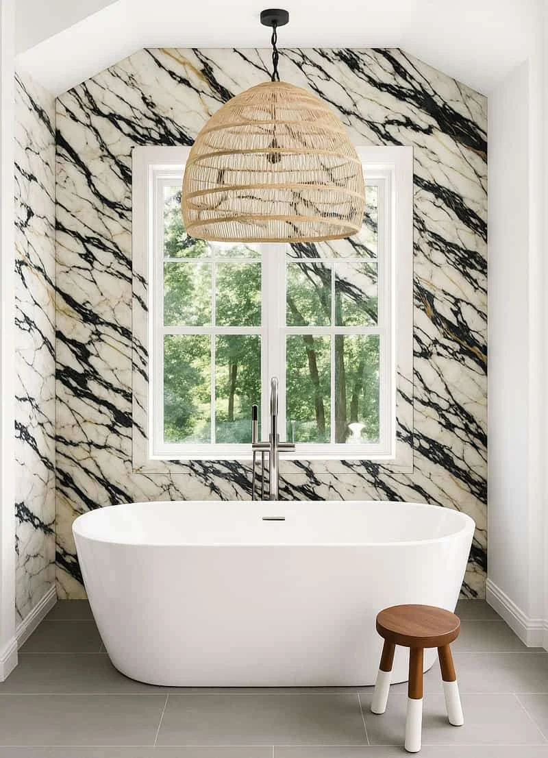 Luxury bathroom mixing tile and stone surfaces
